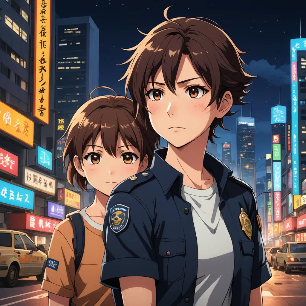 a couple of people standing in front of a city at night with a police officer in the background and a neon cityscape, serial art, concept art, Ai-Mitsu, official art