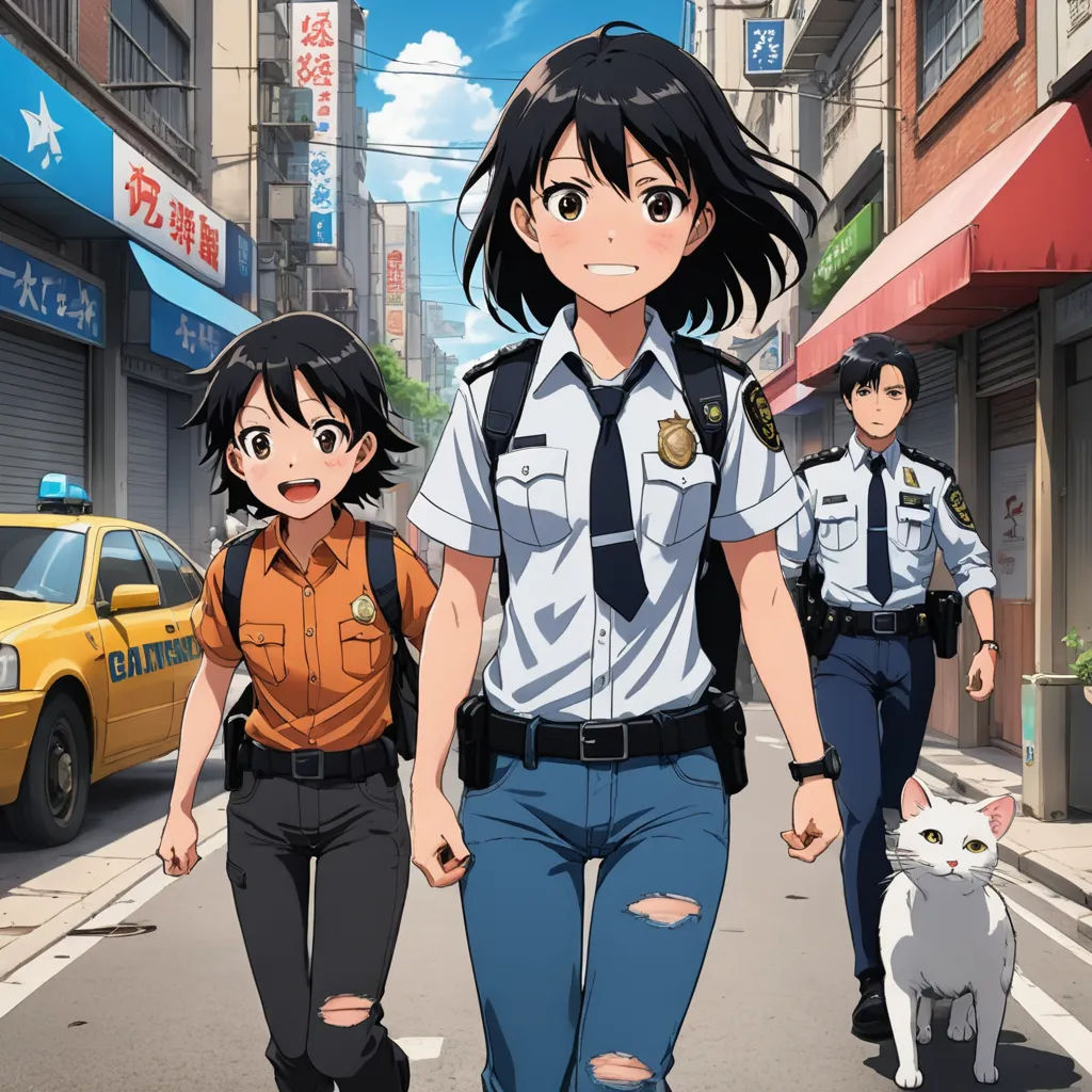 a group of people walking down a street next to a cat and a car on a city street with buildings, serial art, poster art, Aya Goda, official art