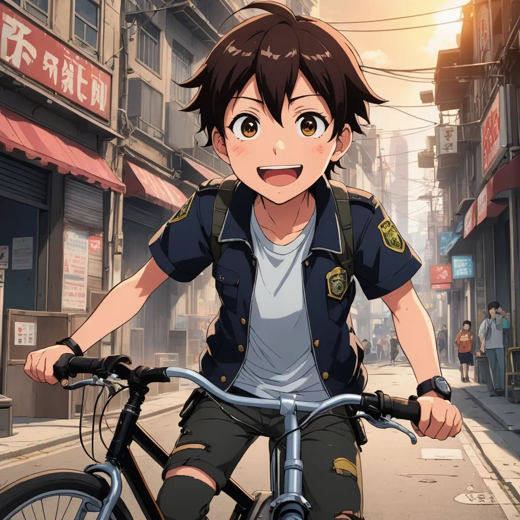 a boy riding a bike down a street next to a building with a sign that says, i love you, sots art, concept art, Adam Manyoki, anime key visual