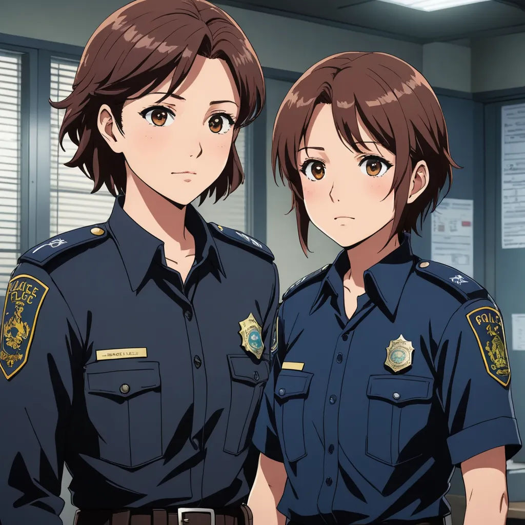 two anime police officers standing next to each other in a room with windows and blinds on the walls,, remodernism, concept art, Aguri Uchida, official art