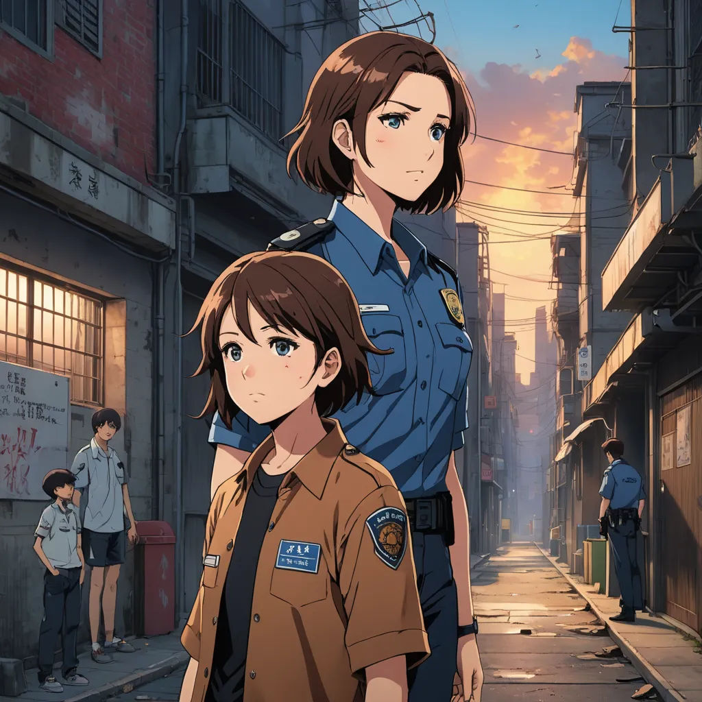 a woman and a man standing in a street with a police officer in the background and a man in the foreground, serial art, concept art, Aya Goda, official art