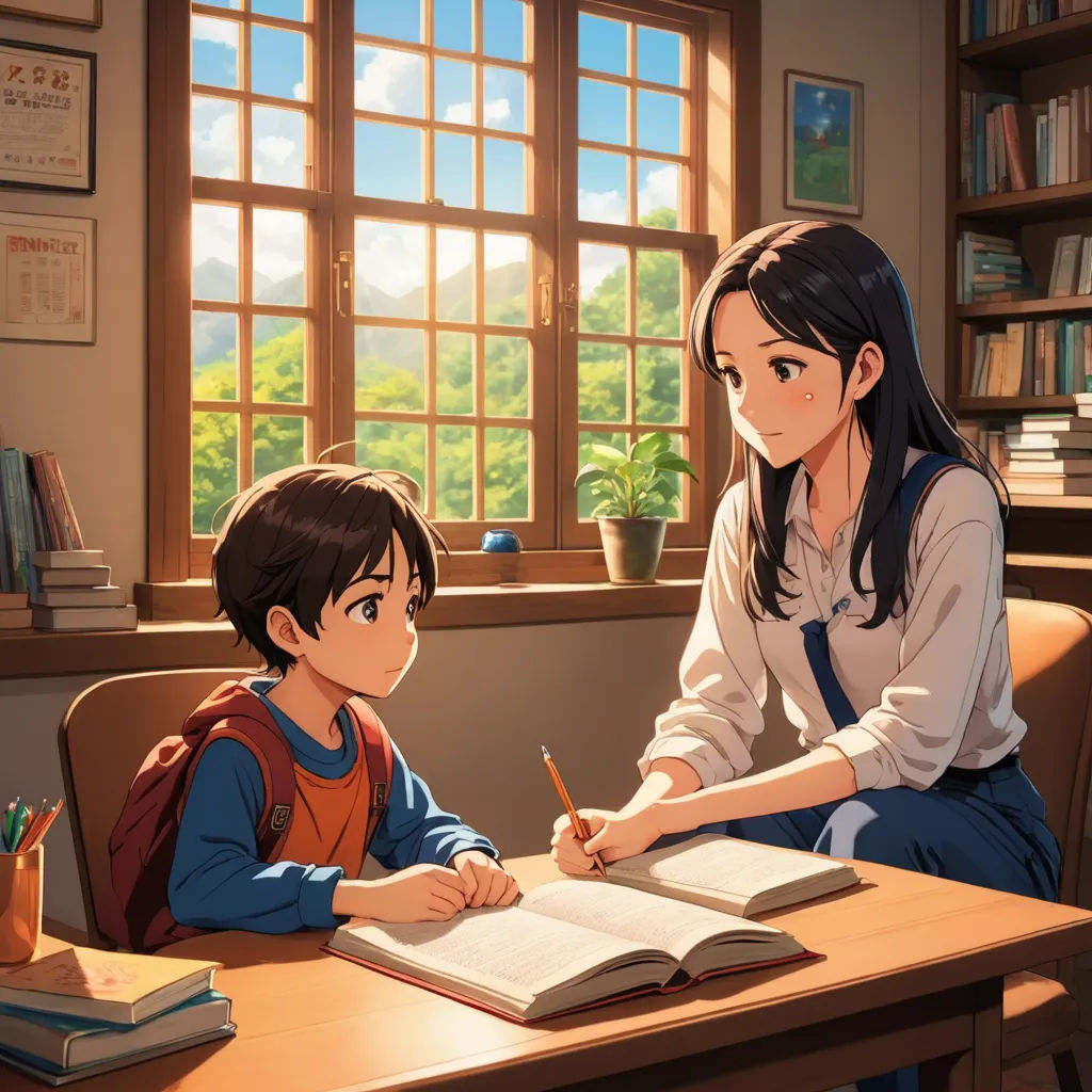 a girl and boy sitting at a desk with a book and pen in front of them, looking at a book, american scene painting, a storybook illustration, Art & Language, official art