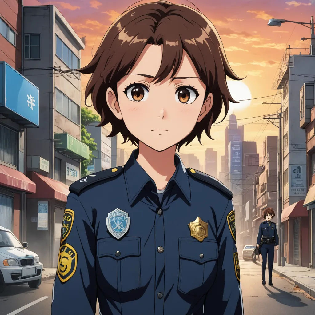 a woman in a police uniform standing in the street with a man walking by her on the other side of the street, serial art, a character portrait, Aguri Uchida, official art