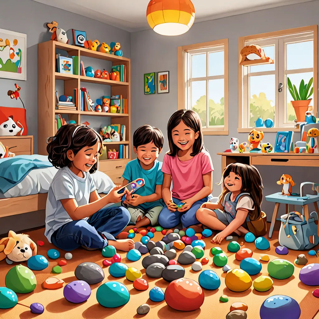 a group of children playing with toys in a room with a bed and a window with a view of the outside, american scene painting, a digital rendering, Chris LaBrooy, highly detailed digital painting