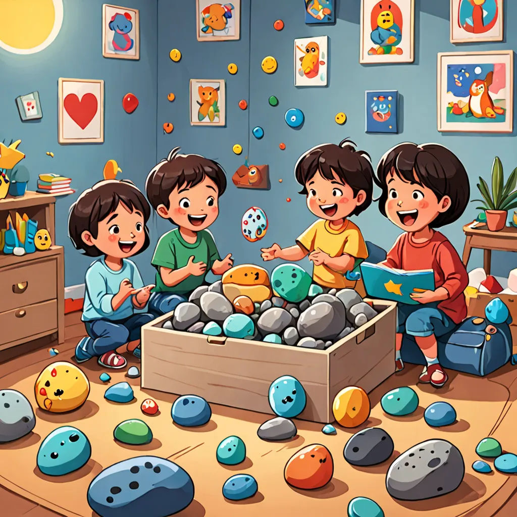 a group of children playing with toys in a room with blue walls and pictures on the walls and a wooden floor, lyco art, a storybook illustration, Diego Gisbert Llorens, detailed illustration