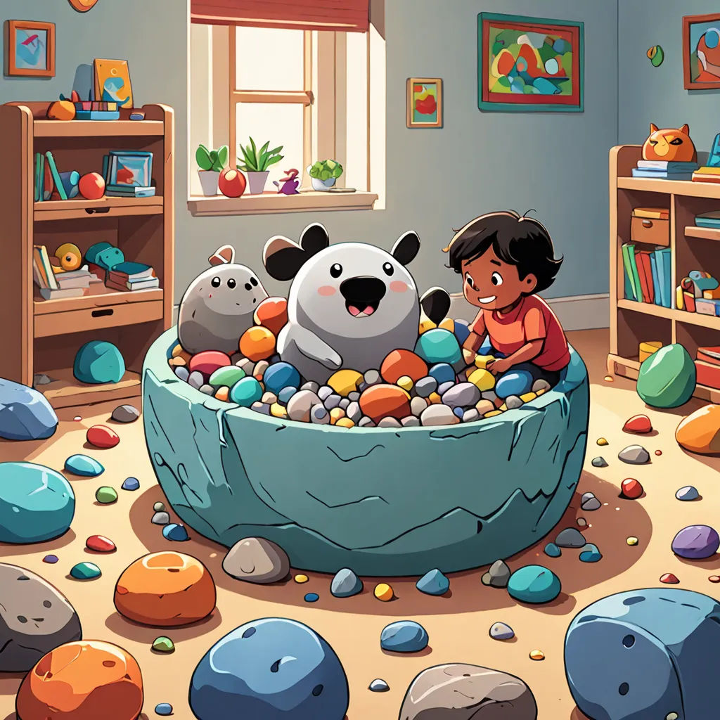 a child in a room with rocks and a panda in a bowl of rocks and a panda in a bowl of rocks, context art, a storybook illustration, Chris LaBrooy, art station
