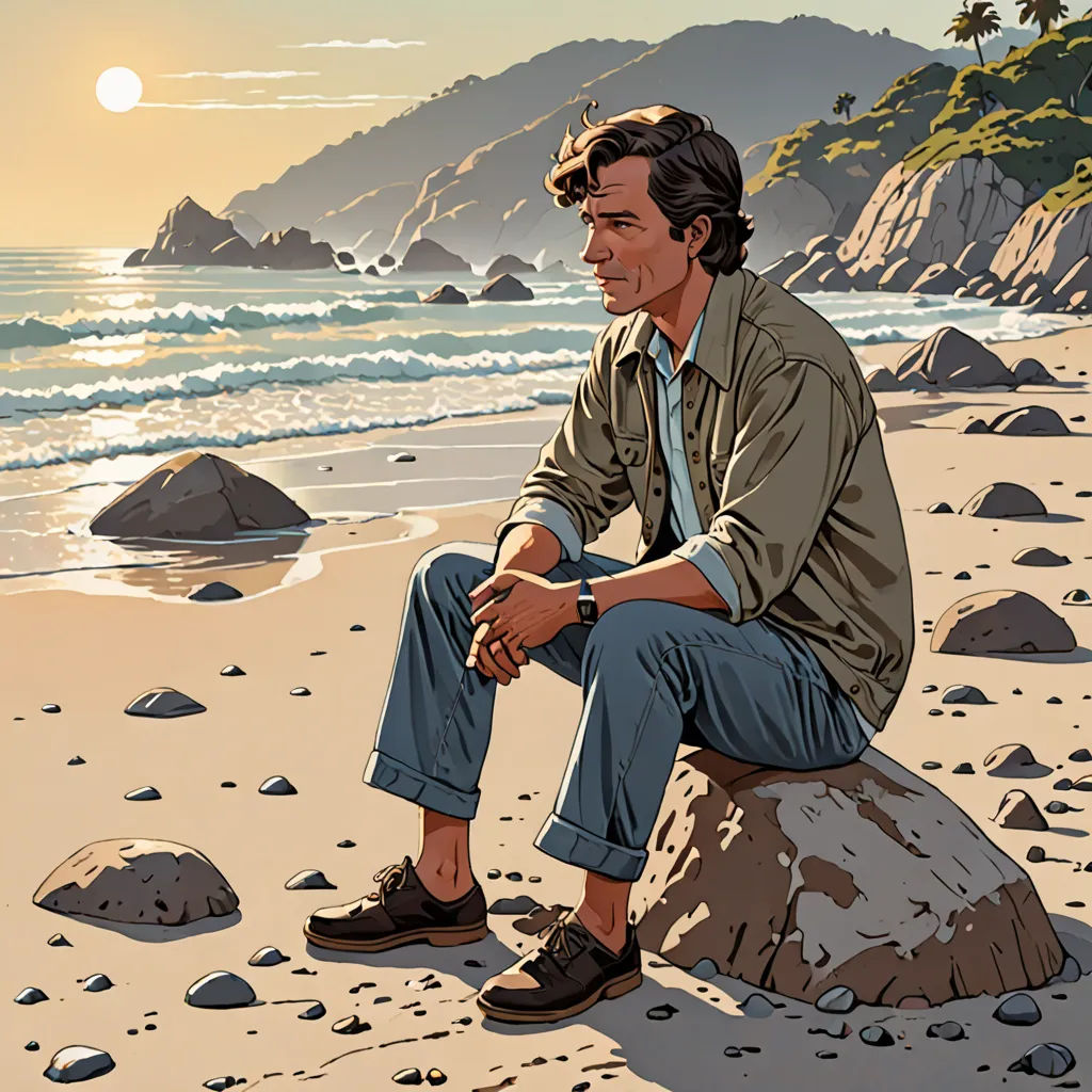 a man sitting on a rock on a beach next to the ocean and a mountain range in the background, serial art, a character portrait, F. Scott Hess, promotional image