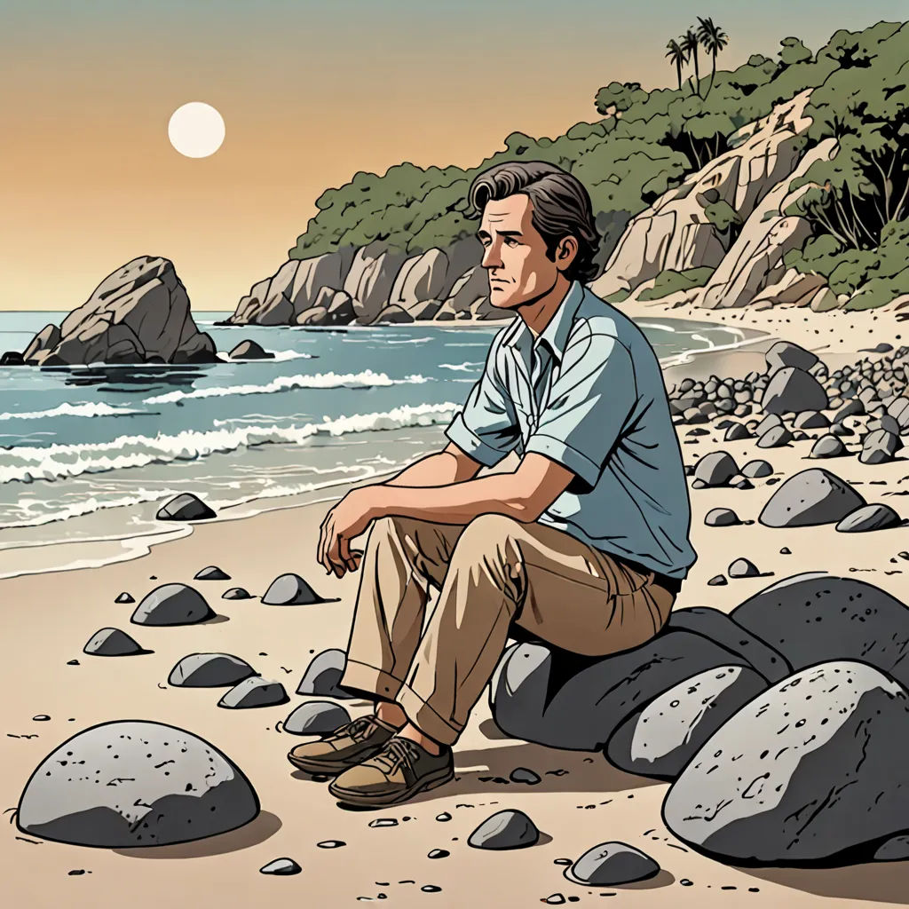 a man sitting on a rock on the beach next to the ocean and rocks on the ground with a full moon in the background, serial art, a character portrait, F. Scott Hess, promotional image