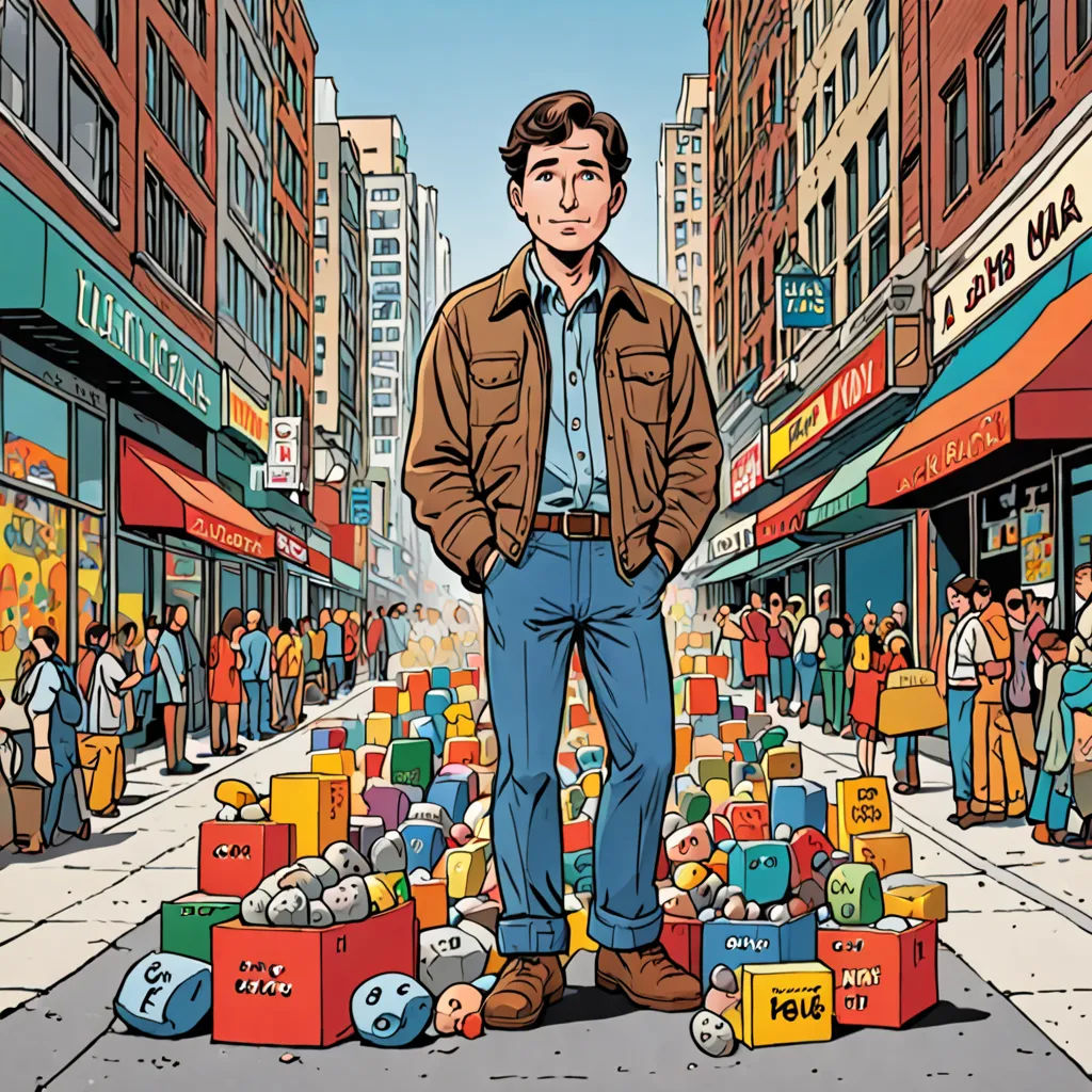 a man standing in front of a pile of boxes on a city street with people walking around it and buildings in the background, underground comix, a character portrait, Arthur Adams, graphic novel