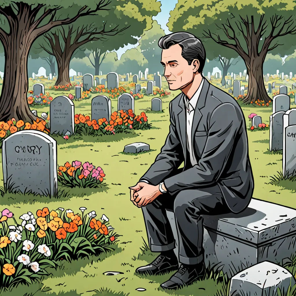 a man sitting on a grave in a cemetery with flowers around him and a cemetery in the background with trees and flowers, american realism, a character portrait, F. Scott Hess, promotional image