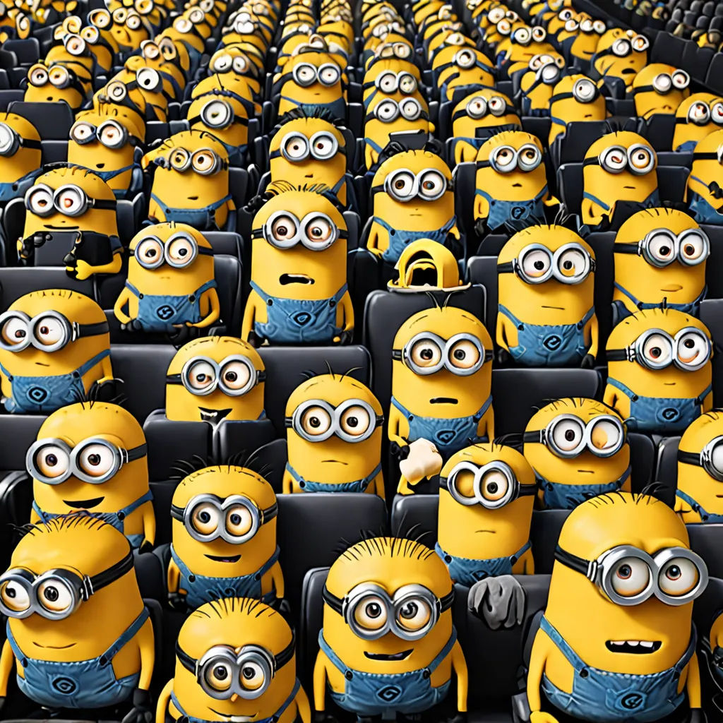 a bunch of minion characters sitting in a row together in a movie theater with one person holding a remote, incoherents, a microscopic photo, David Teniers III, yellow