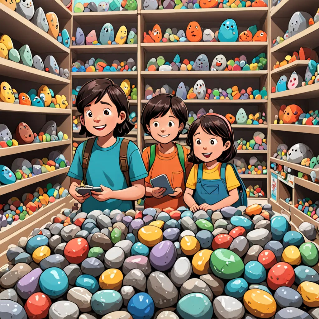 a group of people standing in a store filled with lots of rocks and rocks on shelves filled with stuffed animals, lyco art, a storybook illustration, Diego Gisbert Llorens, official art