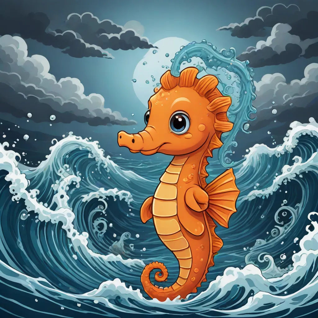 a cartoon seahorse standing on a wave in the ocean with a full moon in the background illustration by alex krawc, pop surrealism, a storybook illustration, Diego Gisbert Llorens, dragon art