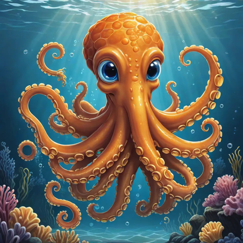 an octopus with blue eyes swimming in the ocean with corals and other marine life around it, with sunlight shining through the water, pop surrealism, computer graphics, Cliff Childs, octopus