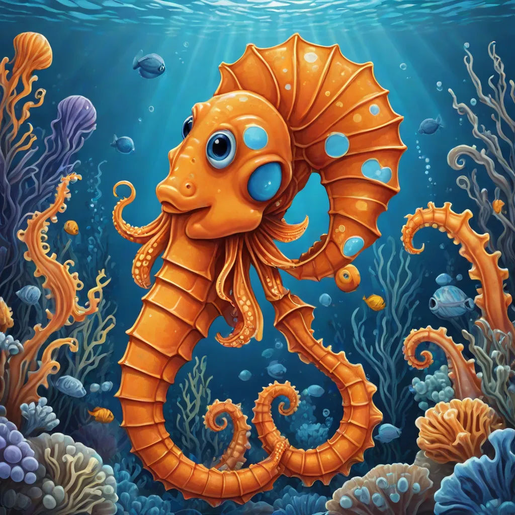 a painting of a seahorse under the water with a fish in its mouth and bubbles in the water, pop surrealism, an airbrush painting, Android Jones, highly detailed digital painting