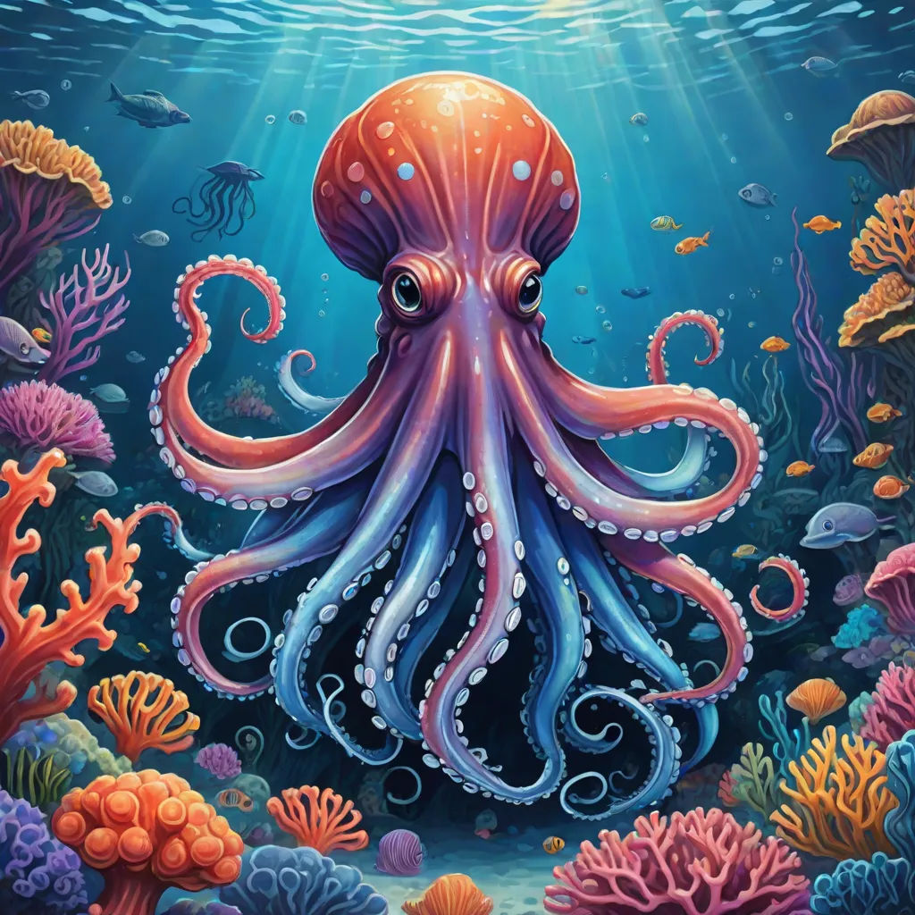 a painting of an octopus in the ocean with corals and other marine life around it, with sunlight streaming through the water, psychedelic art, a digital painting, Dan Mumford, league of legends splash art