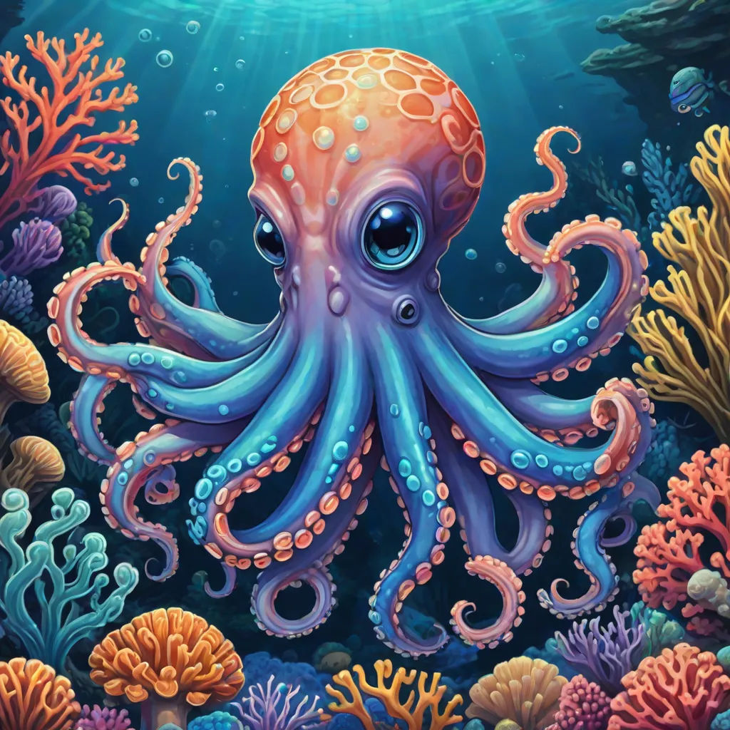 an octopus is swimming in the ocean with corals and other marine life around it, with a bright blue sky, pop surrealism, an airbrush painting, Dan Mumford, league of legends splash art