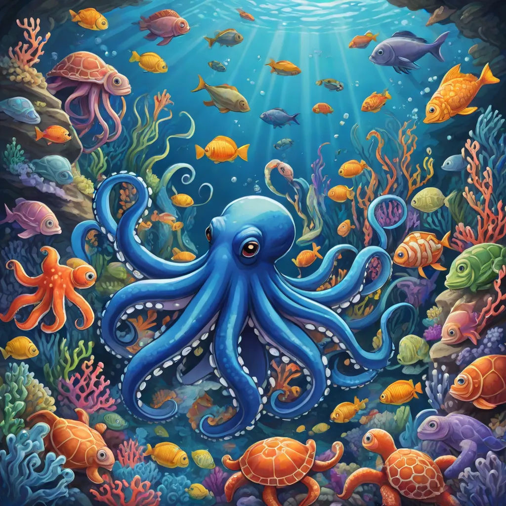 an octopus and other sea animals swimming in the ocean with a sunbeam above it and a fish swimming below, psychedelic art, a detailed painting, Dan Mumford, highly detailed digital painting