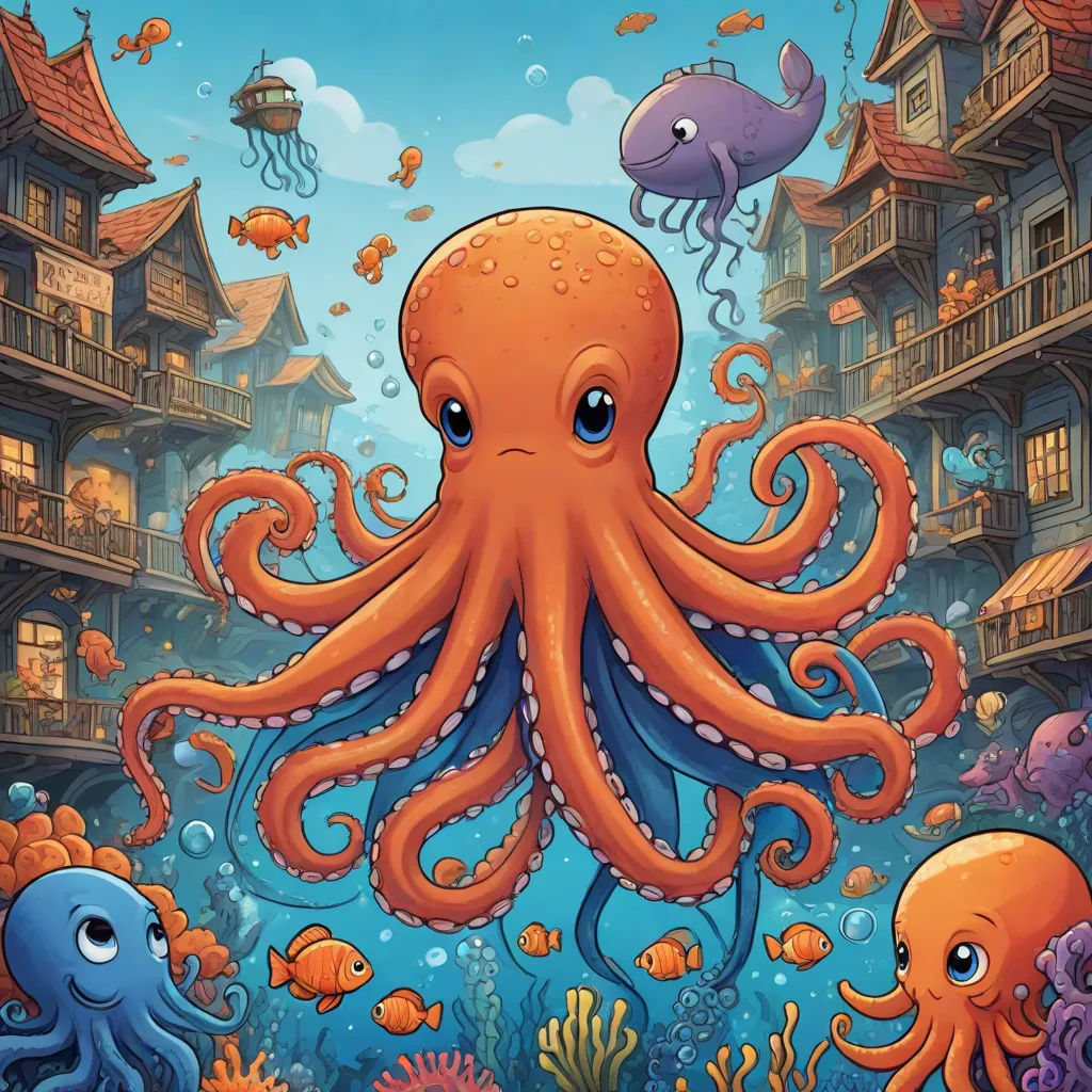 an octopus and other sea animals in a cartoon style scene with a town and sea creatures in the background, pop surrealism, a storybook illustration, Chris LaBrooy, octopus