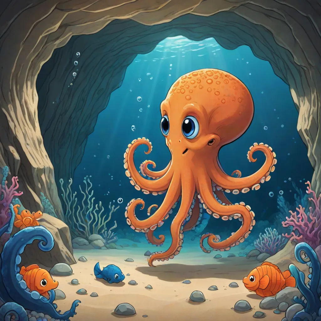 an octopus and fish swimming in a cave with a light coming from it's mouth and a fish swimming in the water, pop surrealism, a storybook illustration, Cliff Childs, octopus