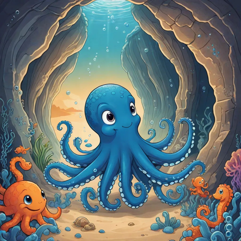 an octopus and other sea animals in a cave with a light at the end of the tunnel illustration by alex krawc, pop surrealism, a storybook illustration, Diego Gisbert Llorens, octopus