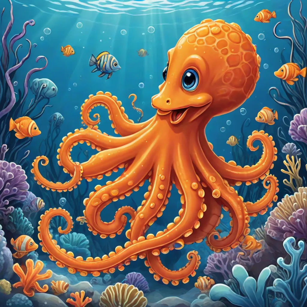 an octopus is swimming in the ocean with fish and corals around it, and a fish is swimming in the water, pop surrealism, computer graphics, Chris LaBrooy, octopus