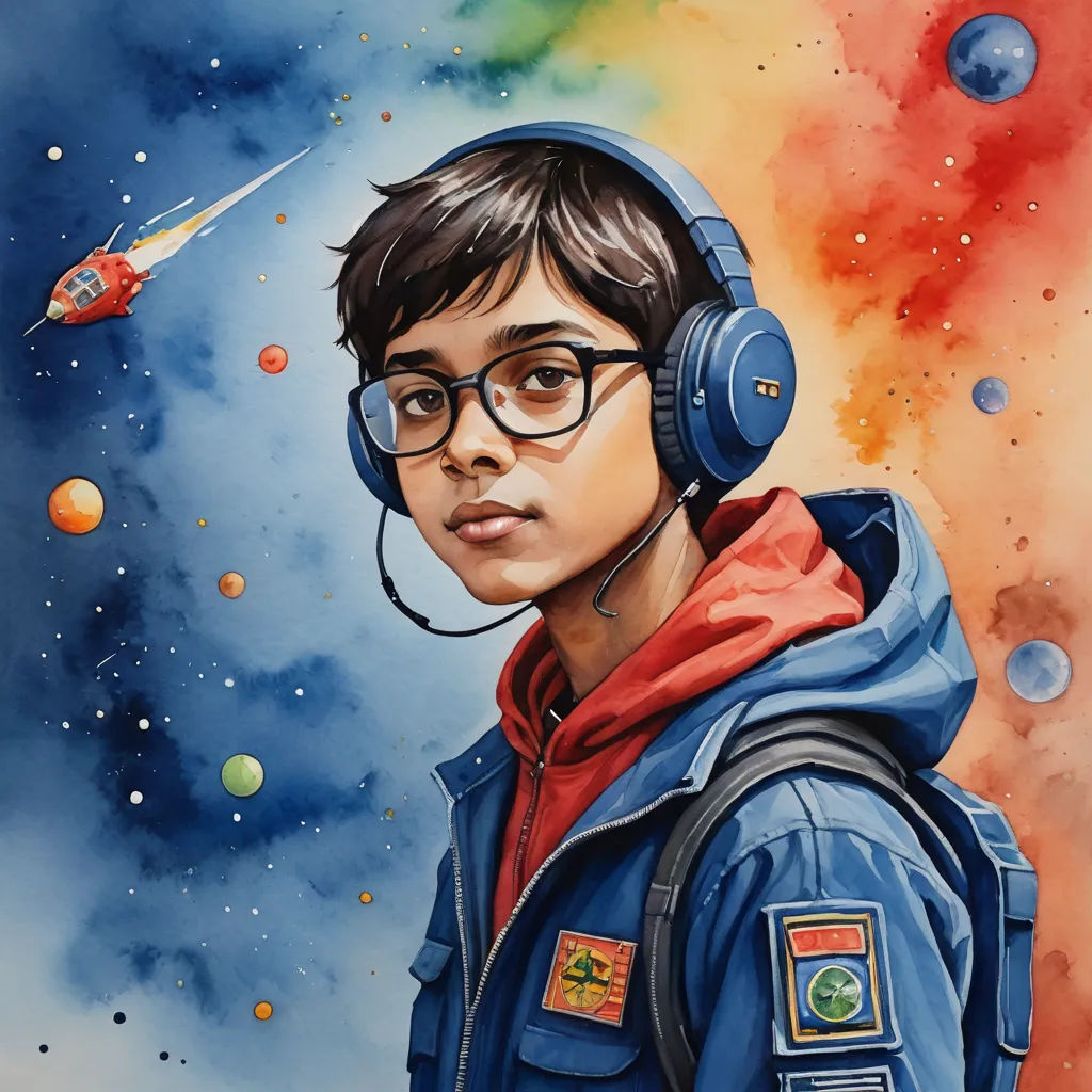 a painting of a boy wearing headphones and a space suit with planets in the background and a rocket ship in the sky, space art, a detailed painting, Aaron Jasinski, in gouache detailed paintings