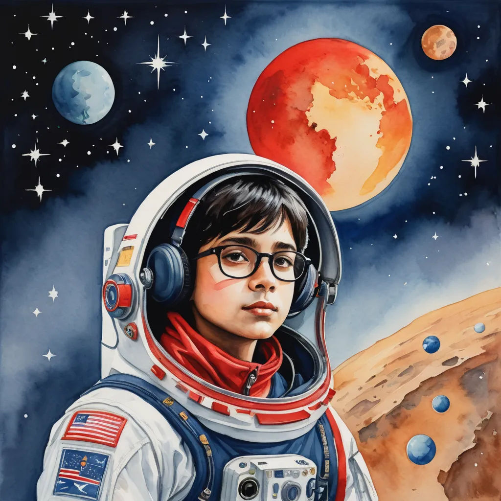 a painting of a boy in a space suit with a camera in his hand and a red moon in the background, space art, poster art, Aaron Jasinski, in gouache detailed paintings