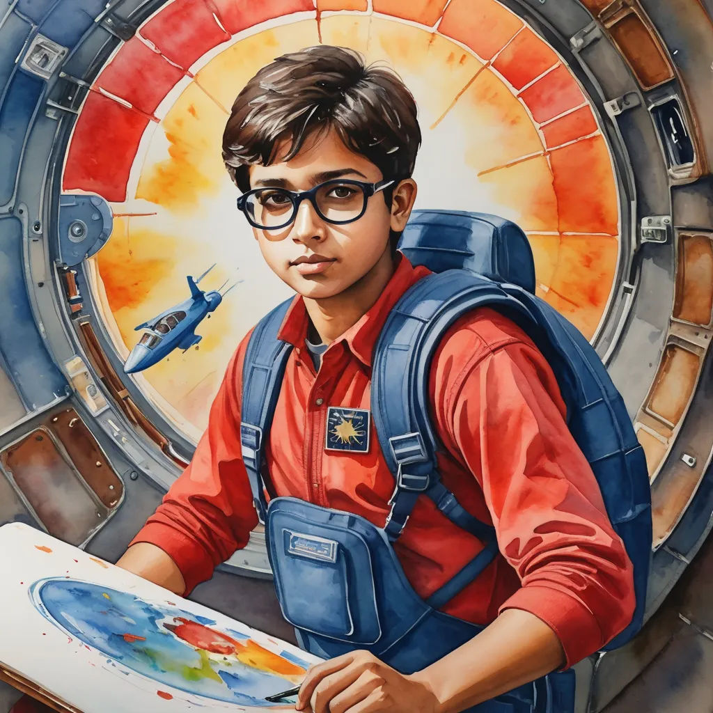 a painting of a boy with glasses holding a paintbrush and a palette in front of a painting of a space station, space art, an airbrush painting, Aaron Jasinski, in gouache detailed paintings