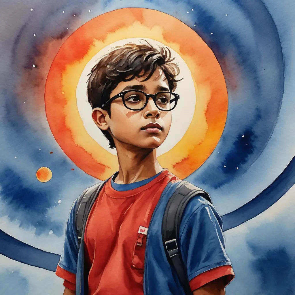 a painting of a boy with glasses and a backpack in front of a sun and clouds background with a blue and orange circle, space art, poster art, Drew Struzan, in gouache detailed paintings