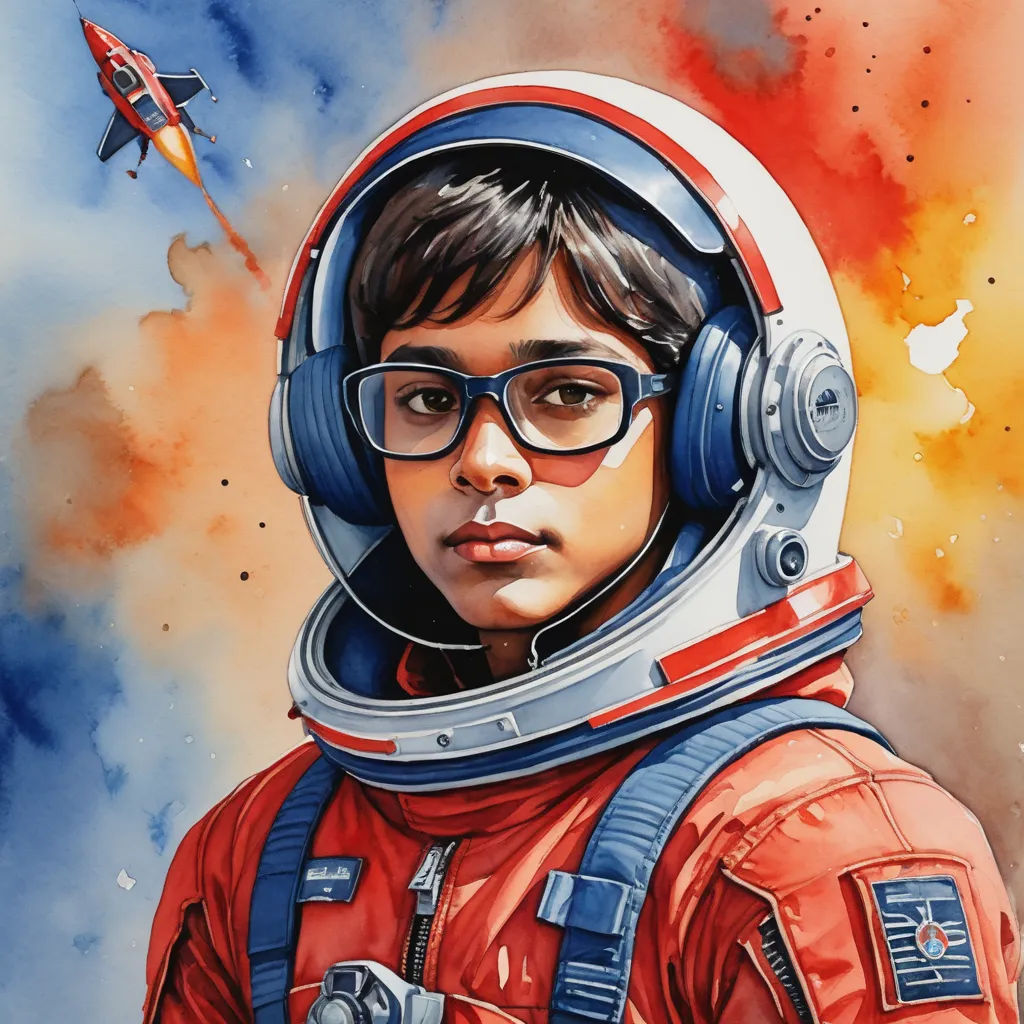 a painting of a boy wearing a space suit and glasses with a rocket in the background and a red and blue background, space art, an ultrafine detailed painting, Aaron Jasinski, in gouache detailed paintings
