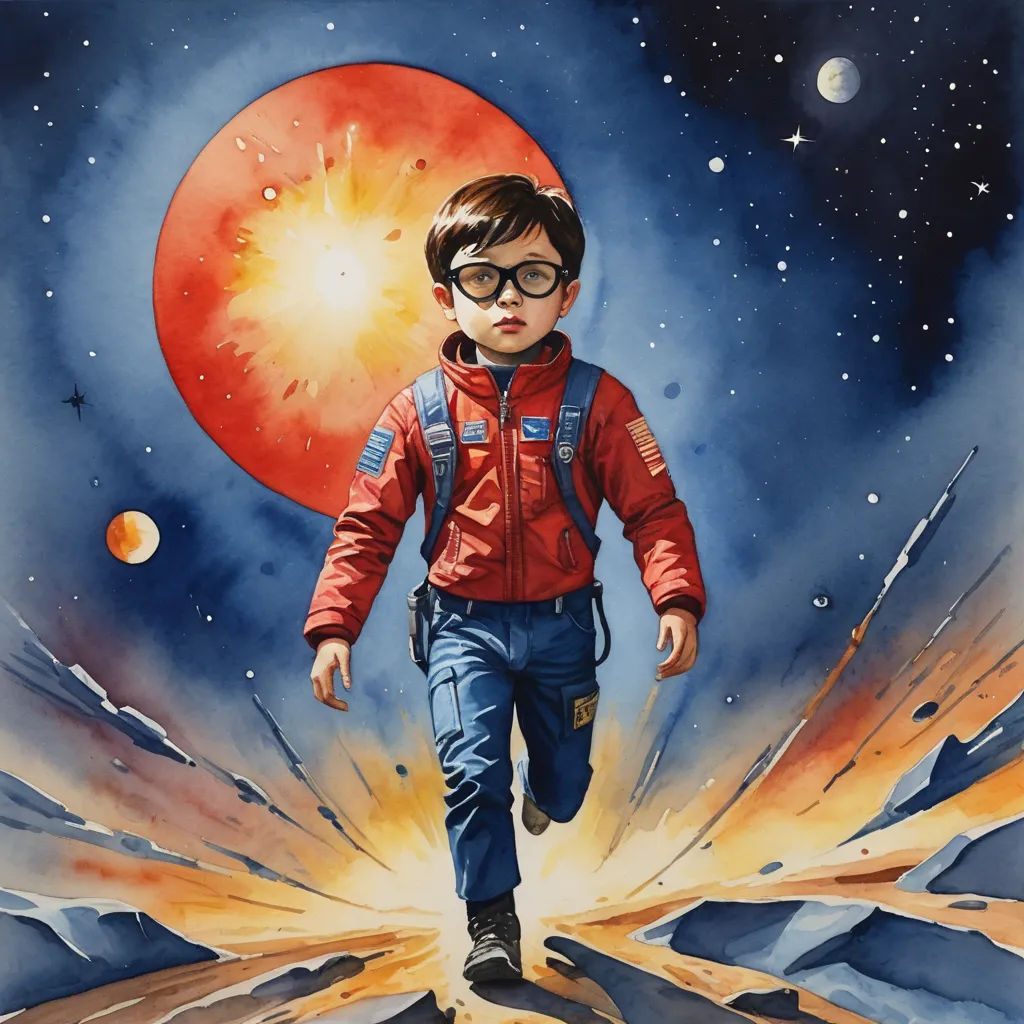 a painting of a boy in a red jacket and glasses walking towards a red sun with mountains and stars, space art, poster art, Aaron Jasinski, katsuhiro otomo