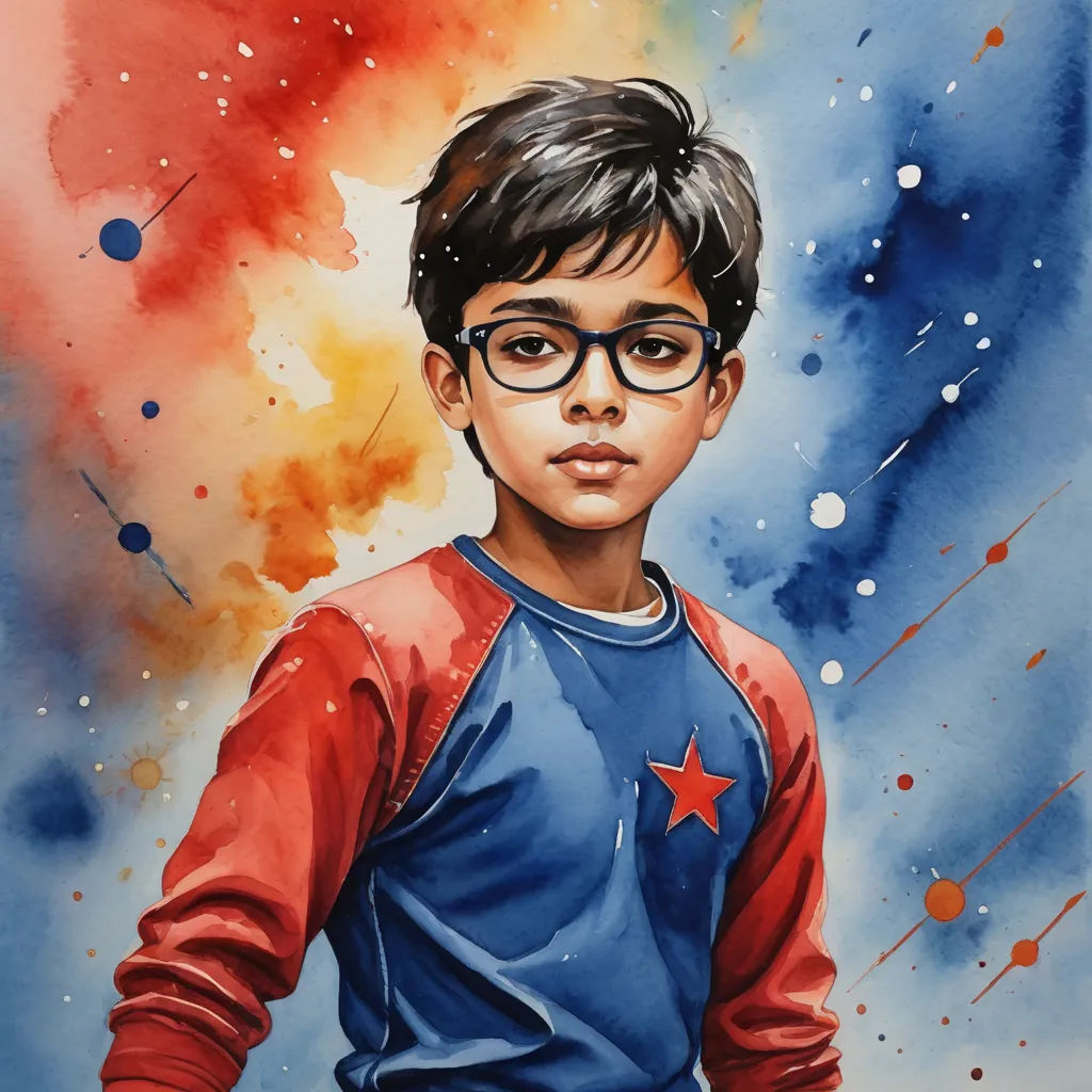 a painting of a boy with glasses and a red shirt on, with a blue shirt and red pants, space art, a watercolor painting, Bikash Bhattacharjee, detailed painting
