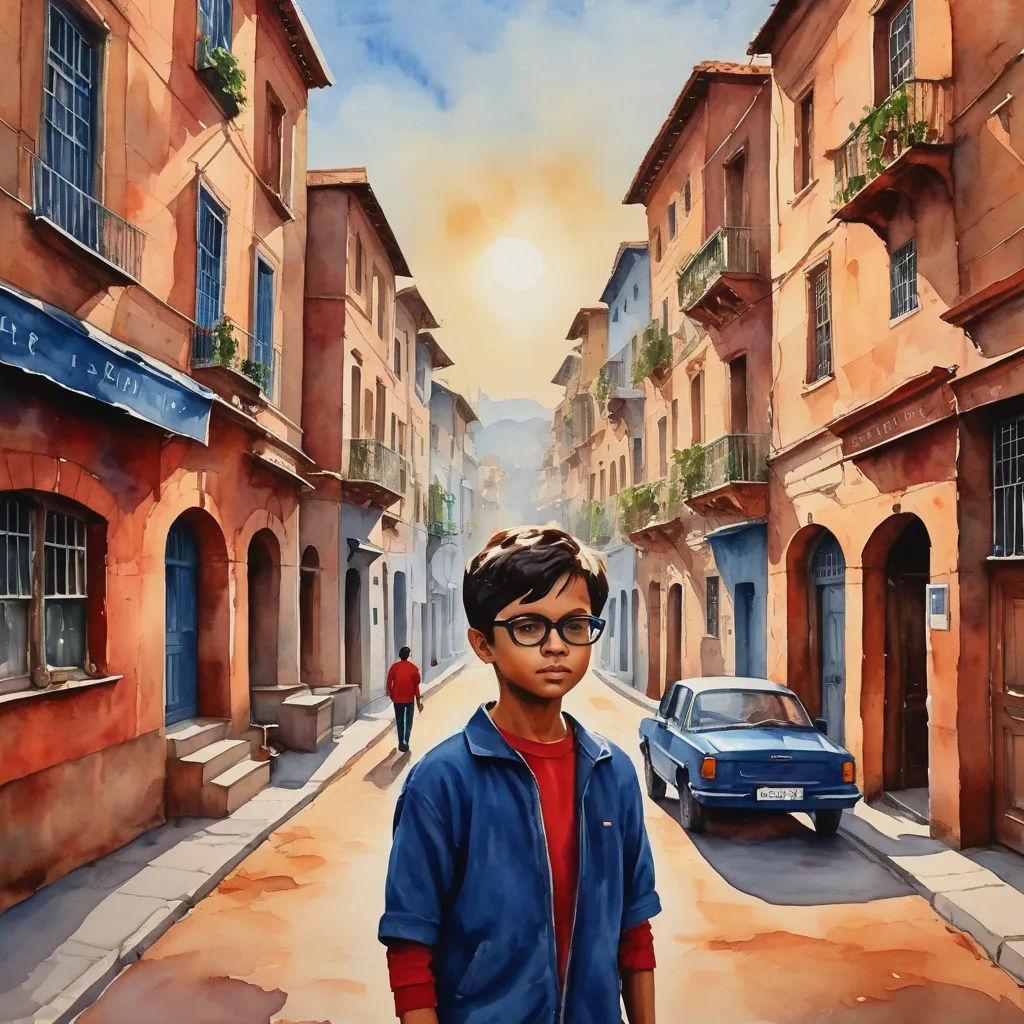 a painting of a boy standing in the middle of a street with a car parked on the side of the road, figurative art, an ultrafine detailed painting, Anthony Devas, in gouache detailed paintings