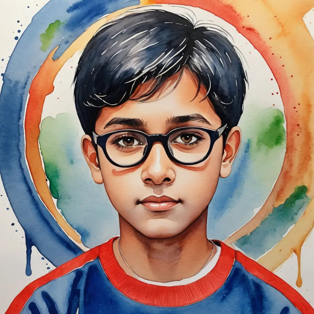 a painting of a boy with glasses and a red shirt on, with a blue and orange background and a circle with a red and yellow circle, modern european ink painting, a watercolor painting, Anthony Devas, photorealistic portrait