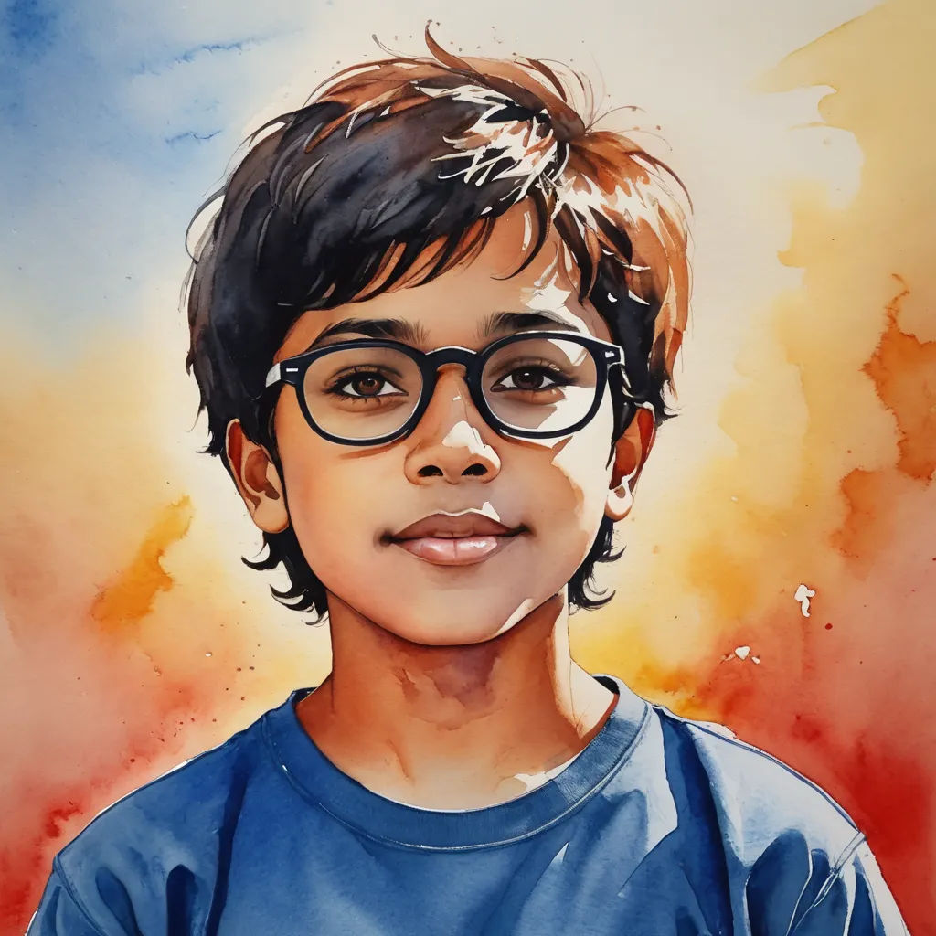 a painting of a boy with glasses on a red and yellow background with a blue shirt and a red and yellow background, modern european ink painting, a watercolor painting, Anthony Devas, jayison devadas