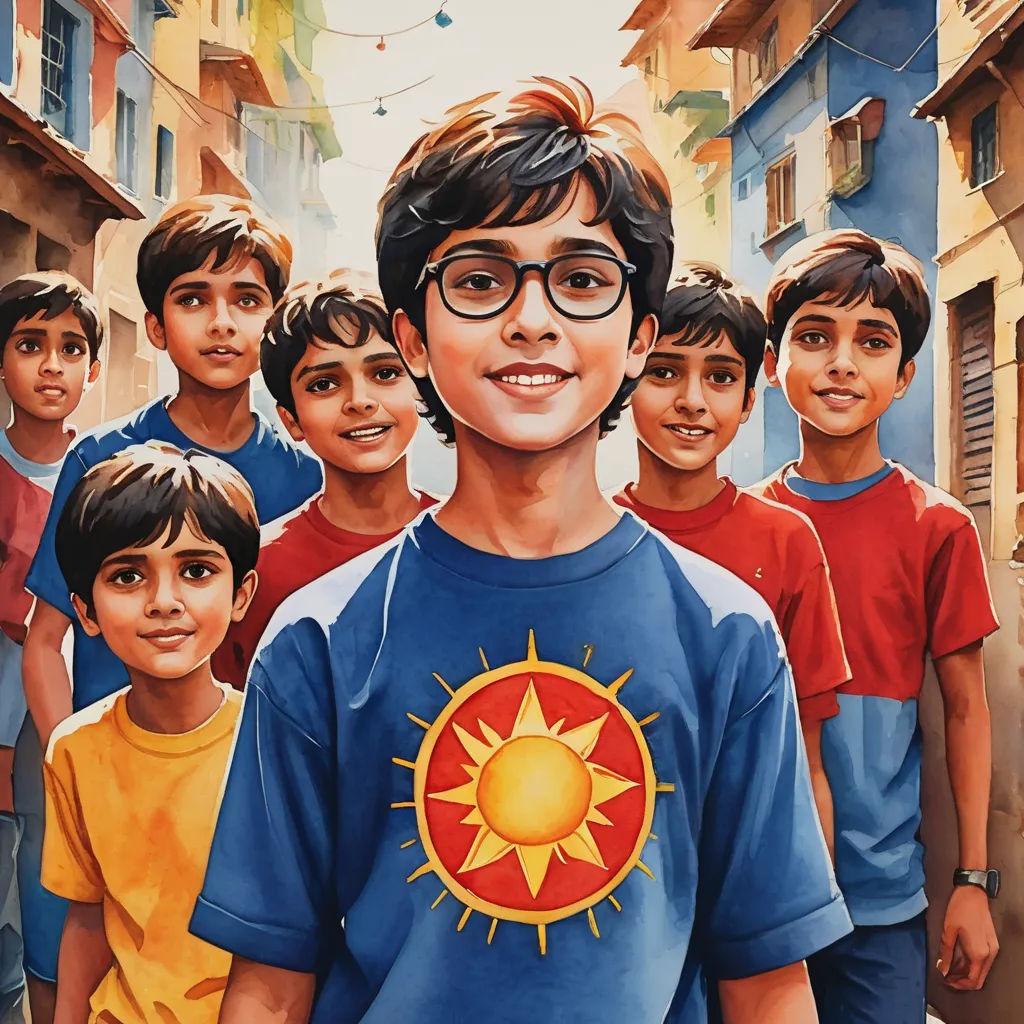 a painting of a boy with glasses and a sun on his shirt in front of a group of boys, samikshavad, a detailed painting, Drew Struzan, promotional image