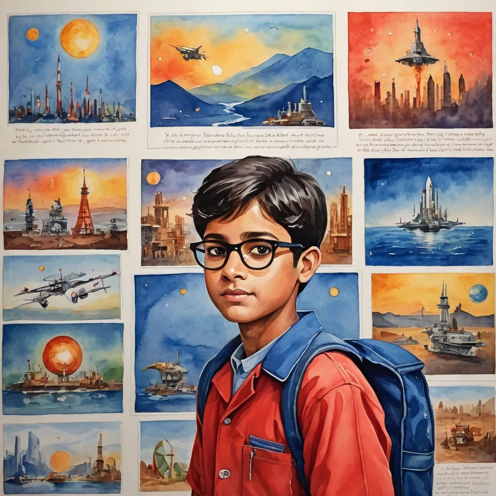 a painting of a boy with glasses and a backpack in front of a wall of paintings of airplanes and ships, space art, a detailed painting, Drew Struzan, in gouache detailed paintings