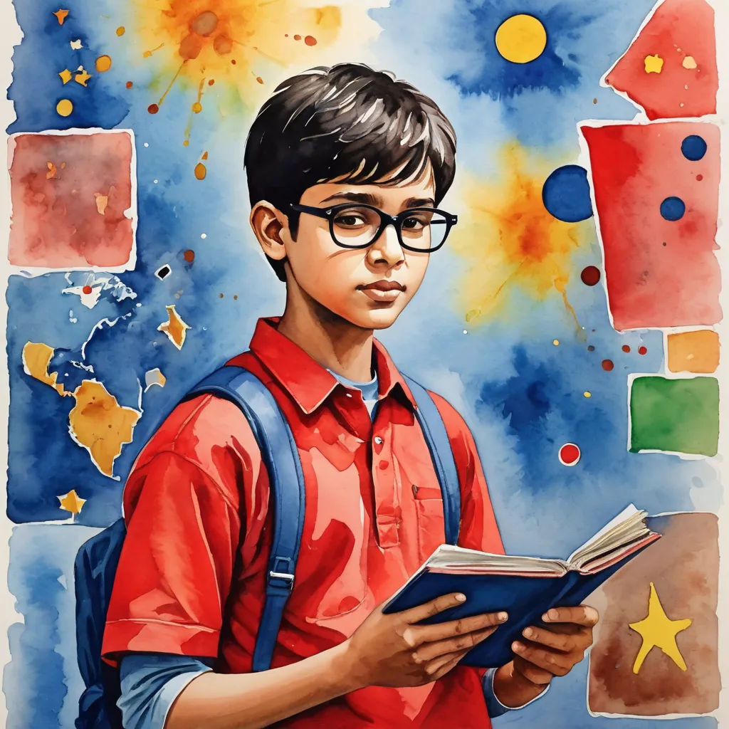 a painting of a boy with glasses reading a book with a star on it and a blue background with yellow spots, modern european ink painting, a watercolor painting, Anthony Devas, in gouache detailed paintings