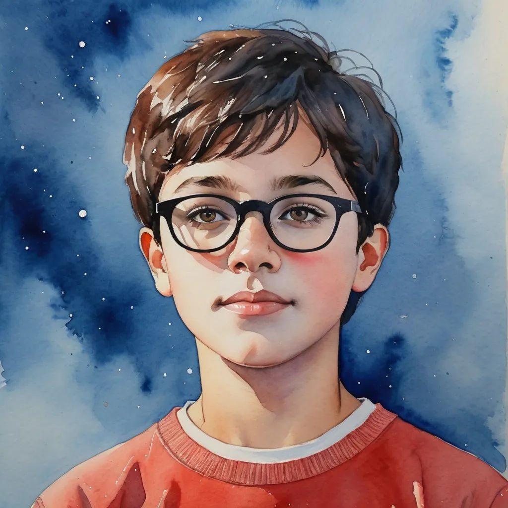 a painting of a boy with glasses and a red shirt on, with a blue background and stars in the sky, space art, a watercolor painting, Aaron Jasinski, in gouache detailed paintings