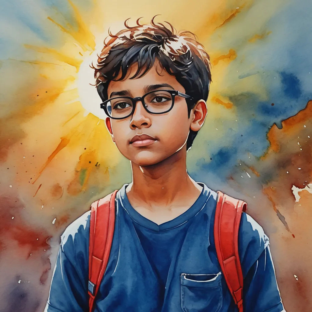 a painting of a boy with glasses and a backpack on his back, with a sunburst in the background, photorealism, a watercolor painting, Aaron Jasinski, in gouache detailed paintings