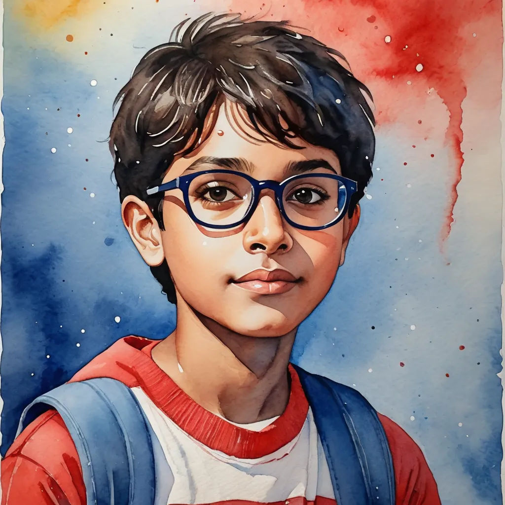 a painting of a boy with glasses and a backpack on his shoulder, with a red and blue background, american scene painting, a watercolor painting, Aaron Jasinski, photorealistic portrait