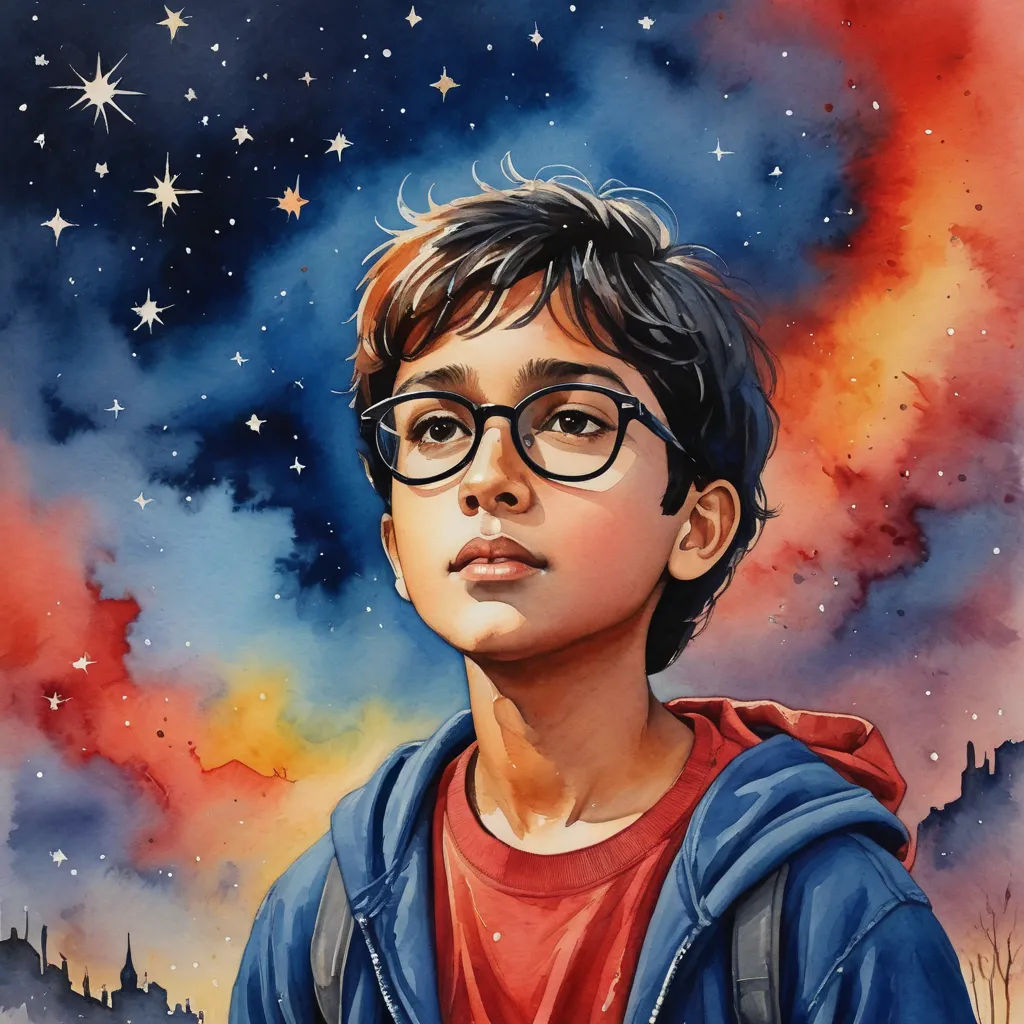 a painting of a boy with glasses and a red shirt and a blue jacket and a red shirt and a red shirt and a red shirt and a blue and white background with stars, space art, poster art, Aaron Jasinski, in gouache detailed paintings