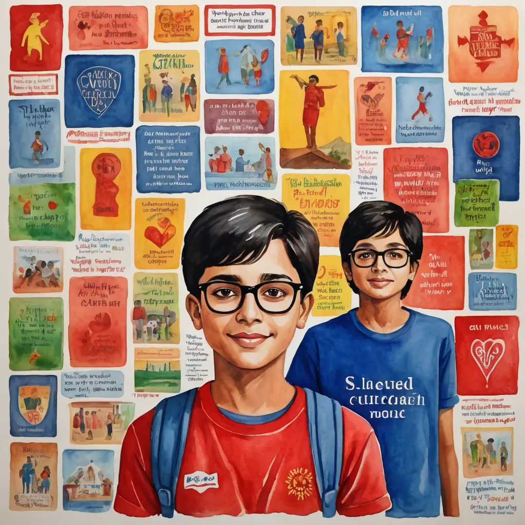 a painting of two boys with glasses and a background of children's books and pictures of them with words, bengal school of art, a storybook illustration, Art & Language, in gouache detailed paintings