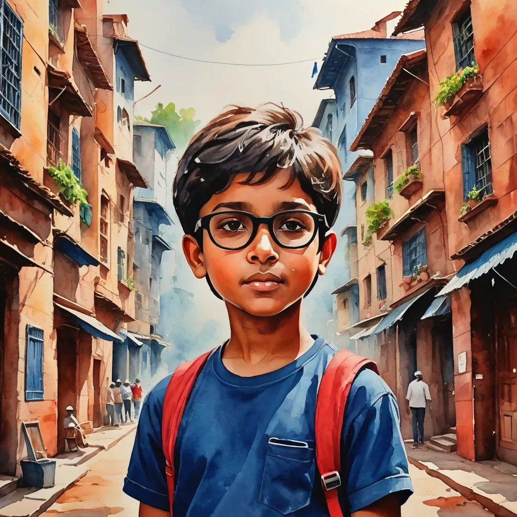a painting of a boy with glasses on a street in a city with buildings and a person in the background, photorealism, a photorealistic painting, Bikash Bhattacharjee, in gouache detailed paintings