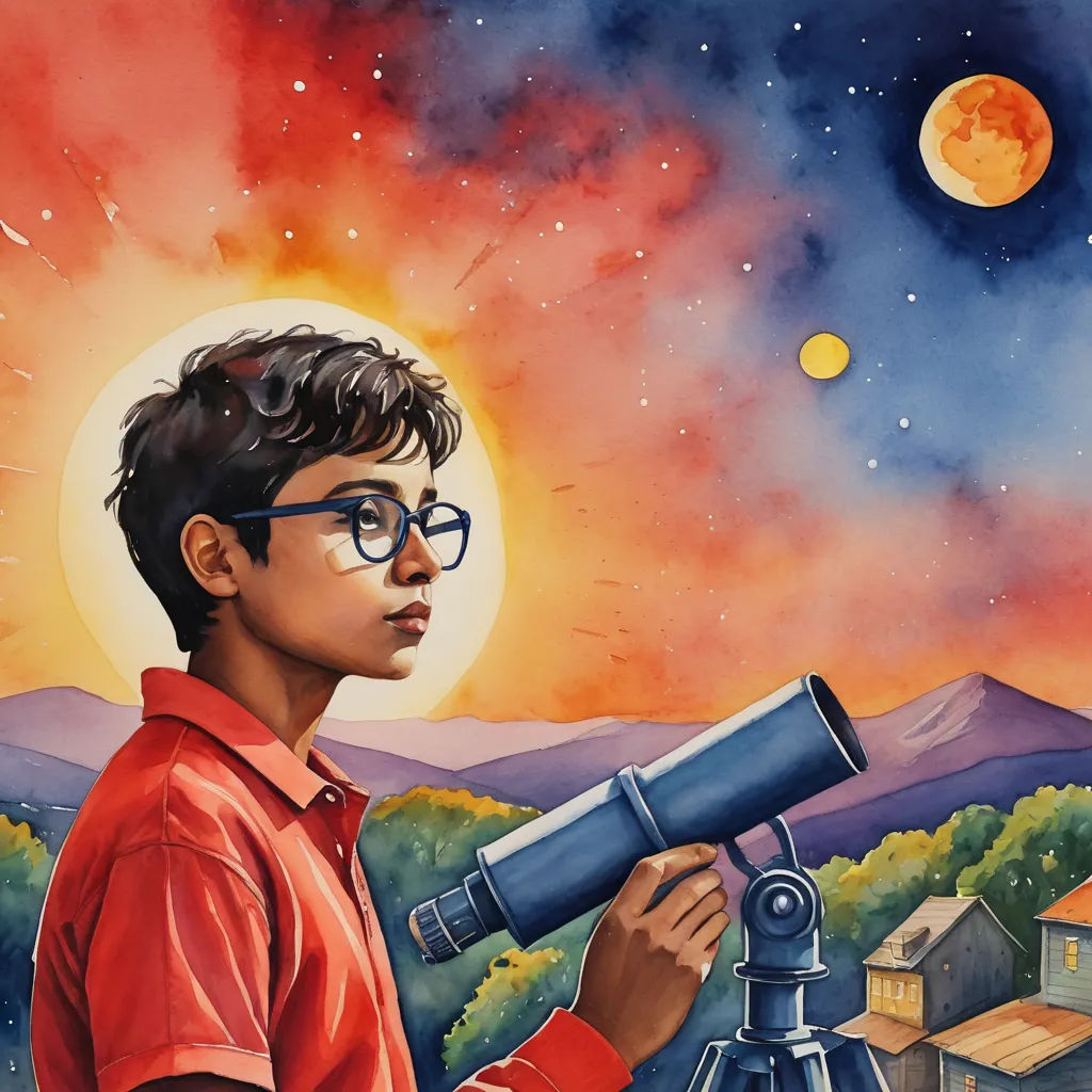 a painting of a boy looking through a telescope at the moon and stars in the sky above him is a mountain, space art, a detailed painting, Aaron Jasinski, in gouache detailed paintings