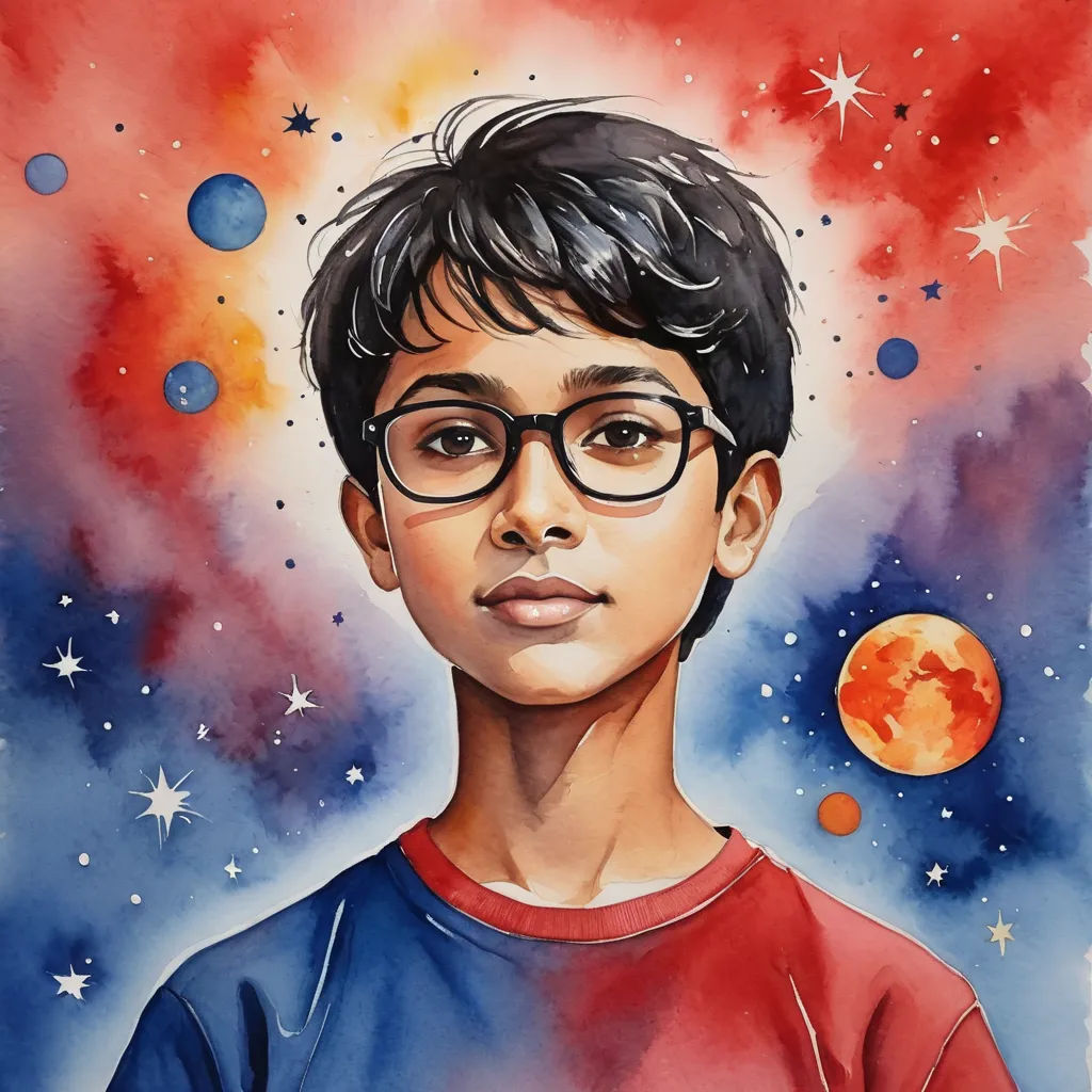 a painting of a boy with glasses and a red shirt and stars in the background, with a red moon in the sky, space art, a watercolor painting, Aaron Jasinski, in gouache detailed paintings