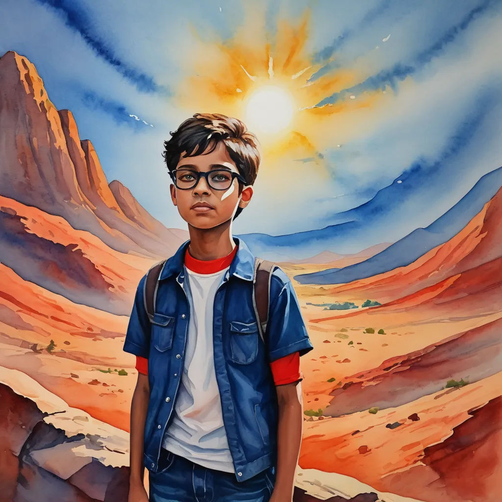 a painting of a boy with glasses standing in front of a mountain landscape with a sun in the sky, photorealism, poster art, Eric Zener, key art