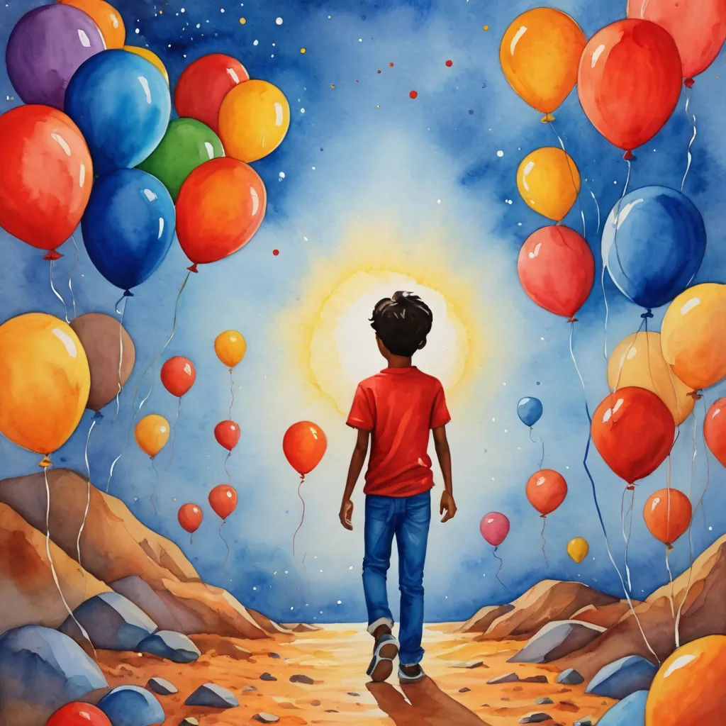 a painting of a boy walking down a path with balloons floating in the air above him and a sky full of stars, metaphysical painting, a storybook illustration, Aaron Jasinski, comic cover art