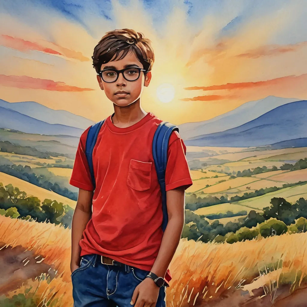 a painting of a boy with glasses standing in a field of wheat with the sun setting behind him and mountains in the distance, photorealism, an oil on canvas painting, Aaron Jasinski, oil on canvas. cinematic